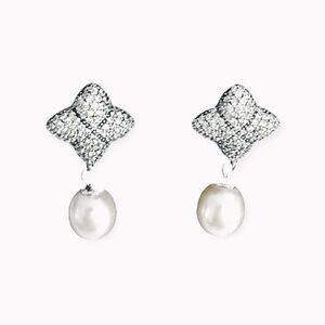 NEW Sterling Silver Pave and Pearl Drop Post Pierced Earrings